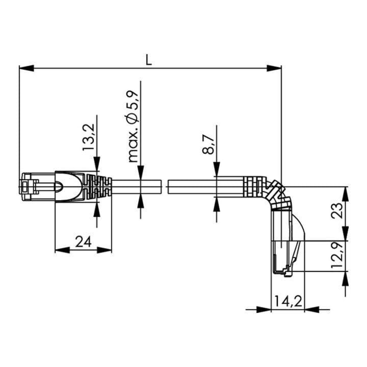 Telegärtner Patchkabel S/FTP 6A grau 0,5m 1x90°