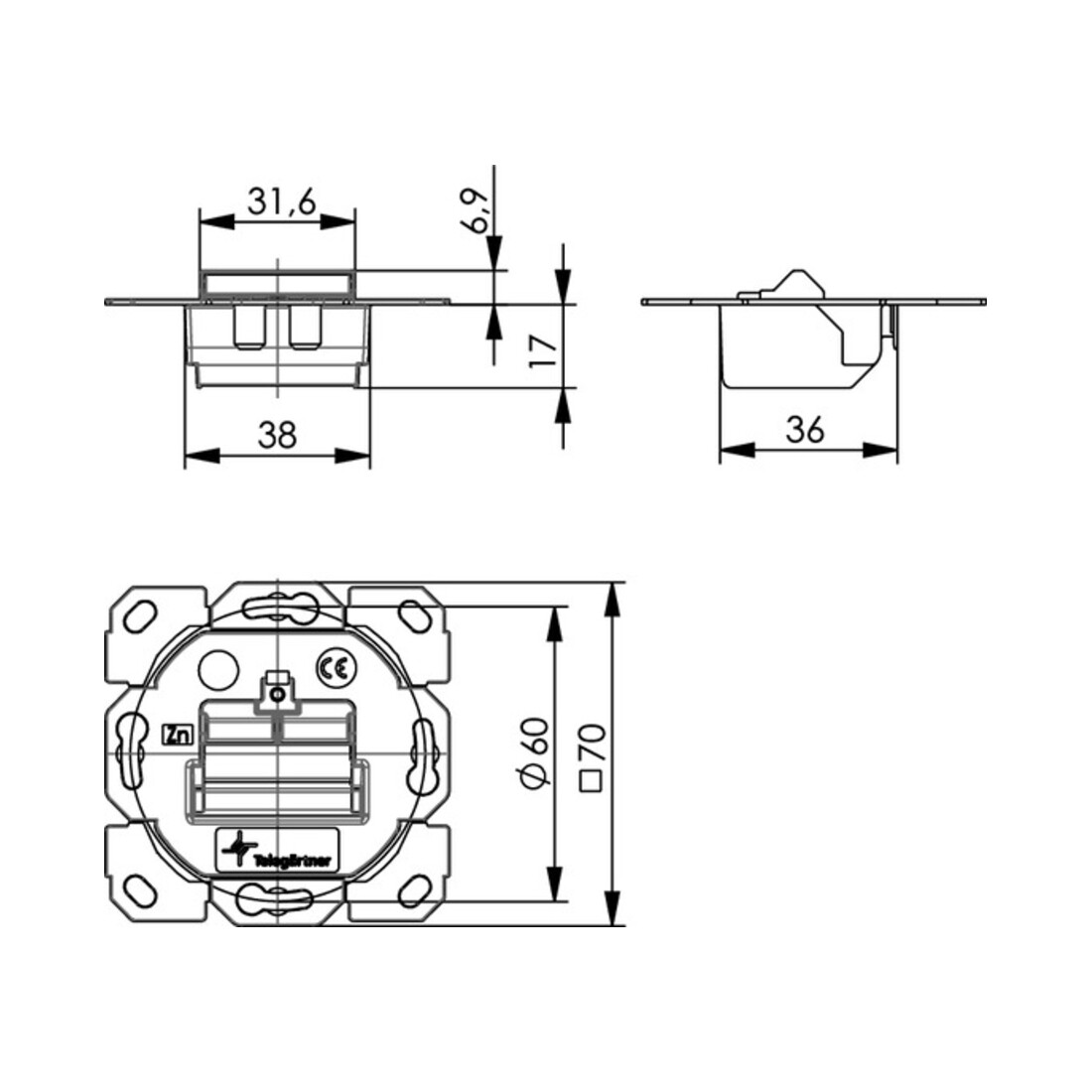 Telegärtner Module d’encastrement 1-/2-fach UP/0 BR pour programme d’interrupteurs 100021426