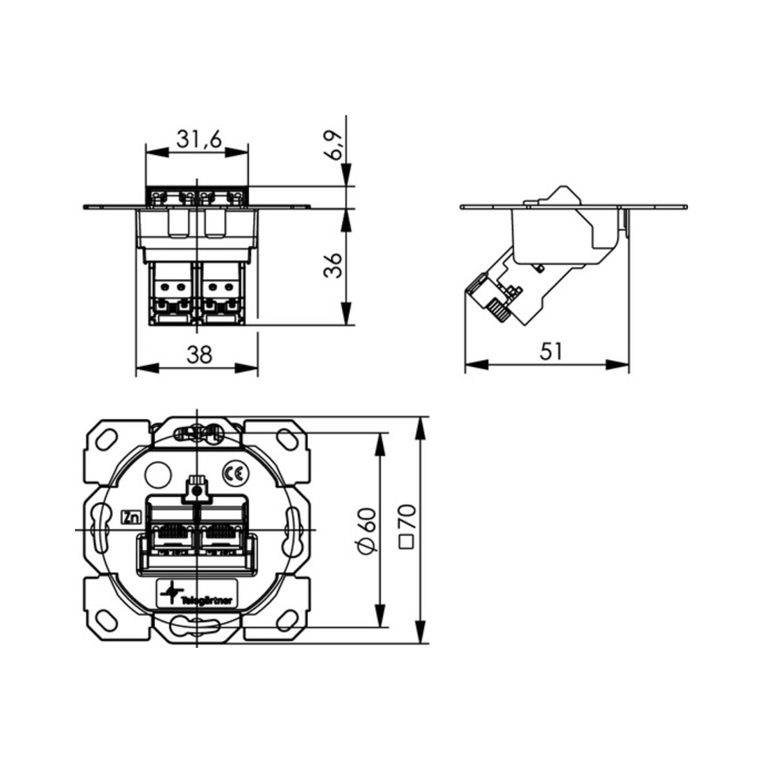 Telegärtner Support de module AMJ-S double encastré/0flex Cat6A T568A 100022964