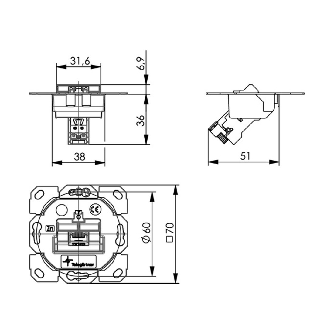 Telegärtner Support de module AMJ-S simple encastré/0flex Cat6A T568A 100022968