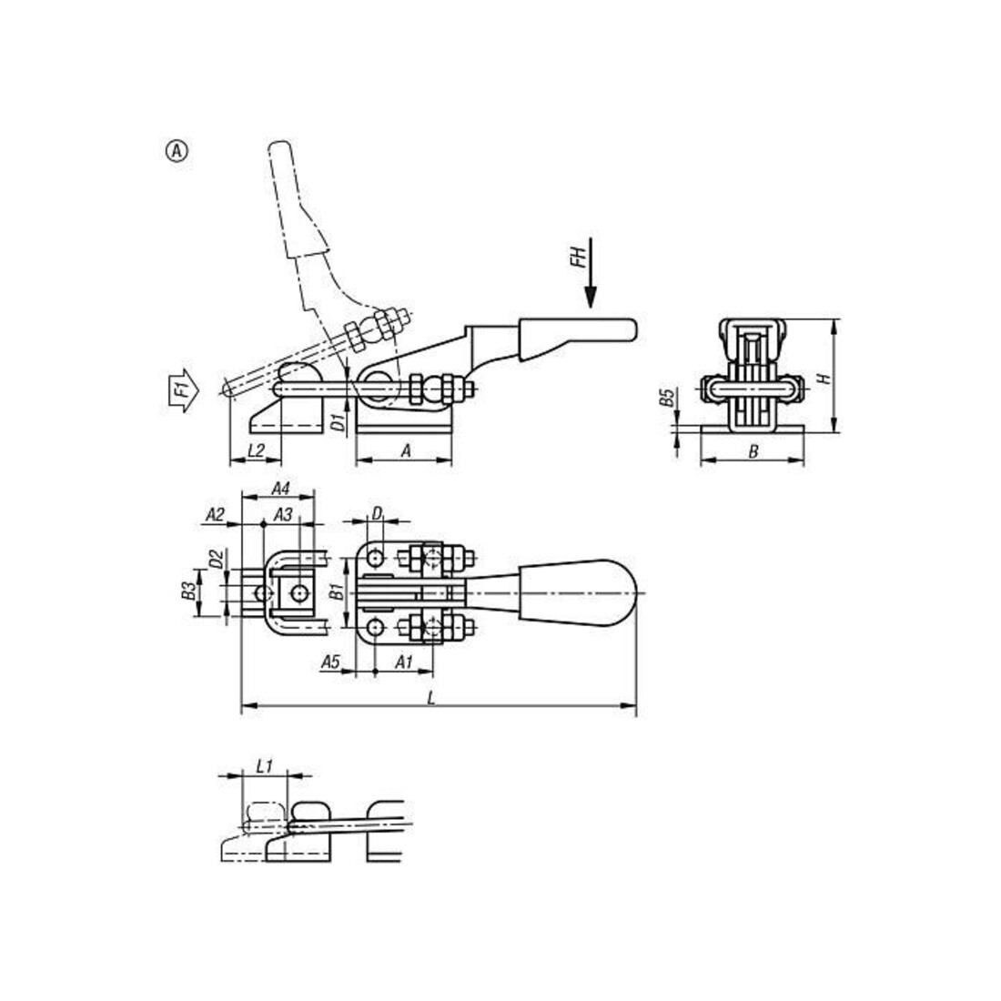 Tendeur à levier horizontal, standard avec contre-appui, forme A, F1=1600, acier zingué