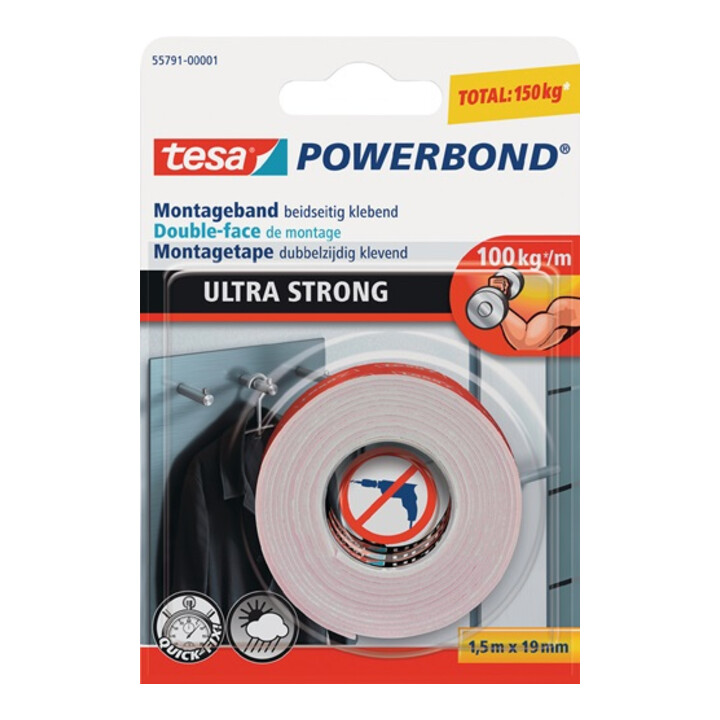 tesa® 55791 POWERBOND doppelseitiges Montageband extra stark 1,5 m × 19 mm weiß