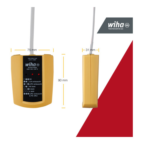Testeur de prise de courant Wiha 230 V CA, CAT II 2 piles AAA incluses