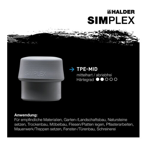 Tête de maillet à frappe amortie SIMPLEX D. tête 50 mm TPE-mid gris mi-dur HALDE