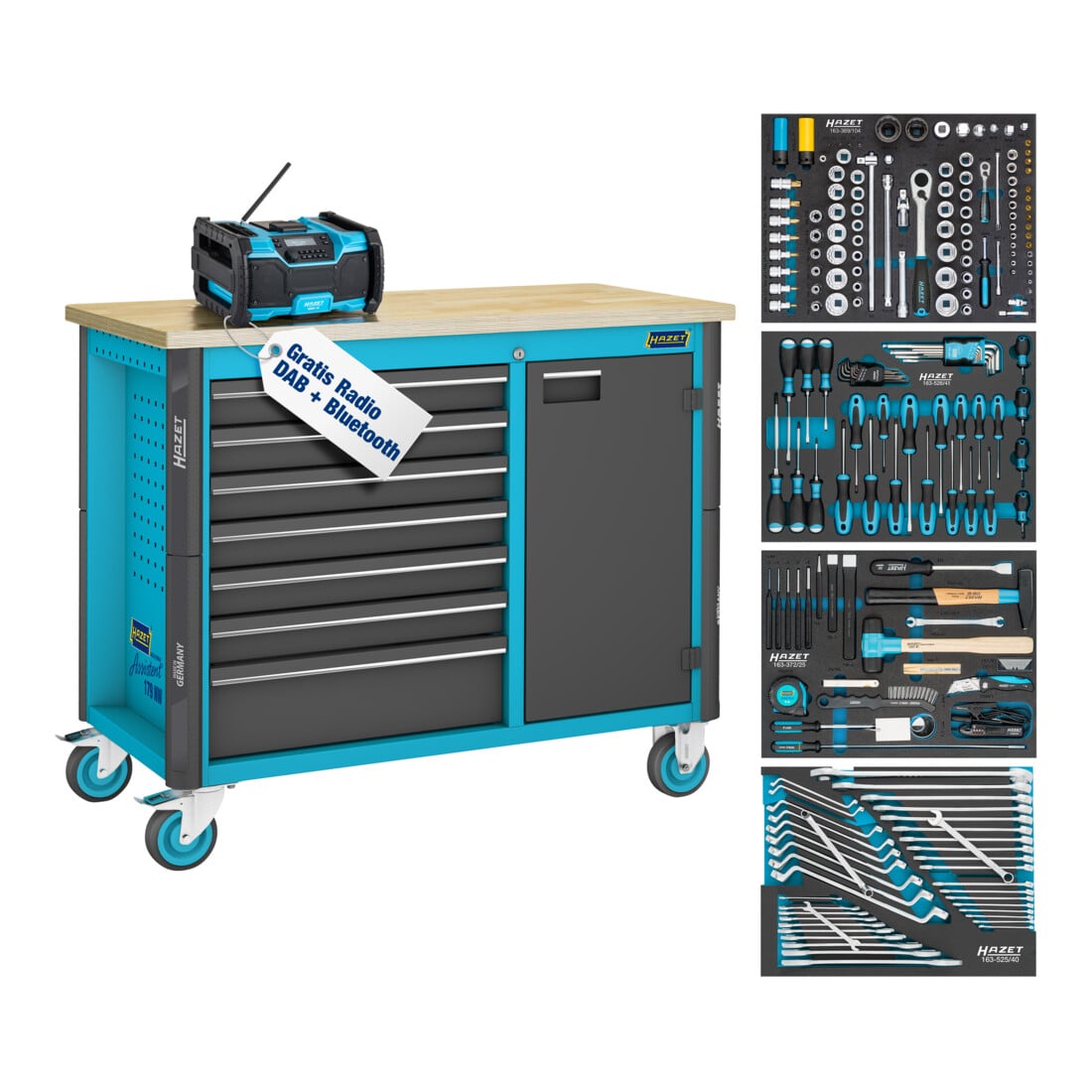 Title: HAZET Werkbank, fahrbar Assistent 179NW, Sortiment 179NW-7/210, 210-teilig, Schubladen, flach: 6 x 81 x 522 x 398 mm, Schubladen, hoch: 1 x 166 x 522 x 398 mm + Gratis-Radio