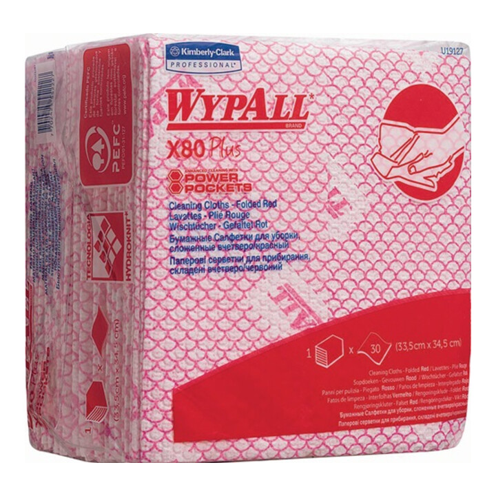 Torchon Wypall X80 19127 L350xl340env. mm 1 couche, plié en quarts rouge 8 sache