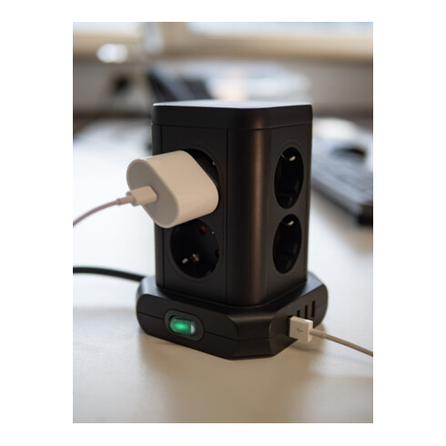 Tour de prises 8 voies Brennenstuhl avec 4x USB noir 2m H05VV-F3G1.5