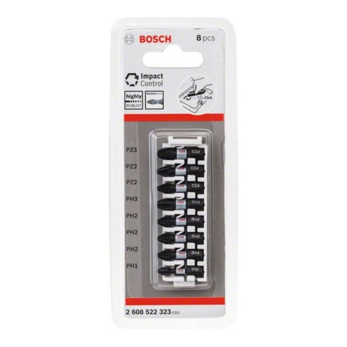 Tournevis Bosch Jeu d'embouts Impact Control 8 pièces PH1 3x PH2 PH3 2 x PZ2 PZ3 25 mm