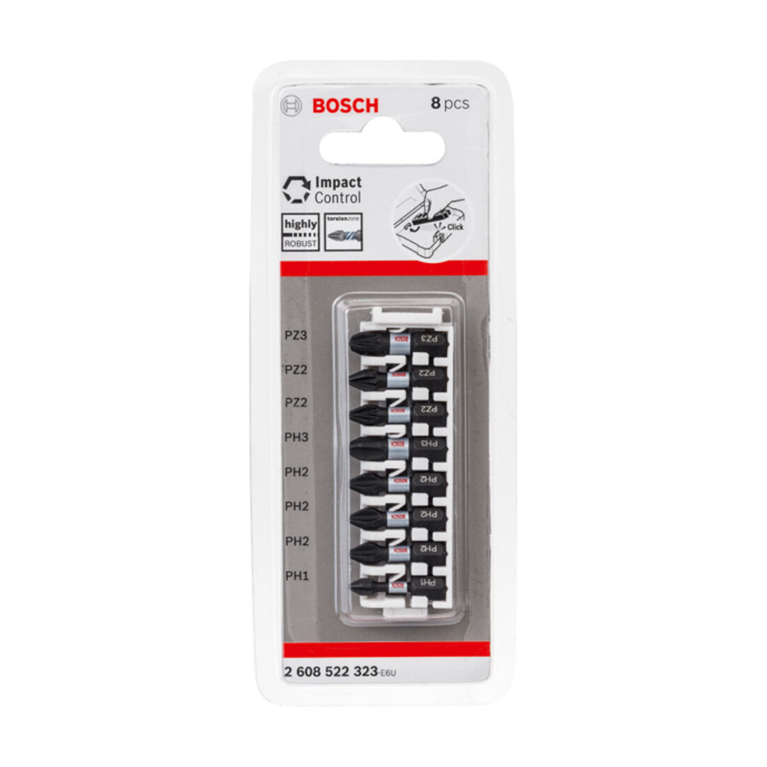 Tournevis Bosch Jeu d'embouts Impact Control 8 pièces PH1 3x PH2 PH3 2 x PZ2 PZ3 25 mm