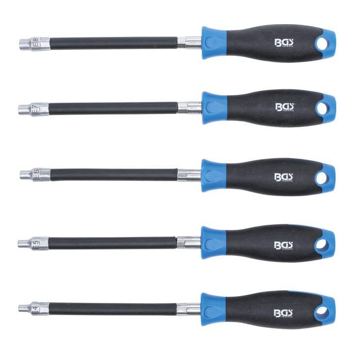 Tournevis flexible avec poignée ronde profil E4 - E8 longueur de lame 150 mm5 pièces BGS