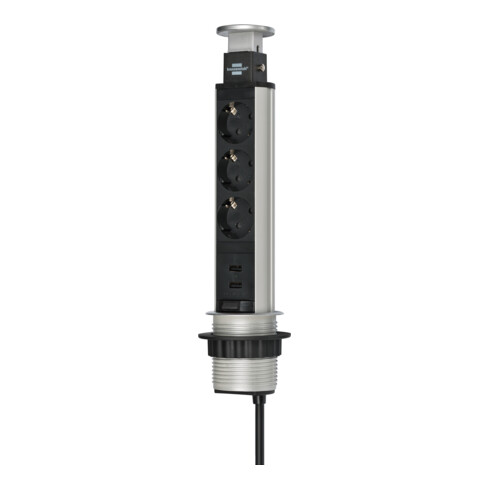 Tower Power USB-Charger stekkerdoos 3-voudig met 2 USB-laadstekkerdozen 2m H05VV-F 3G1,5, inschuifbaar in tafelblad