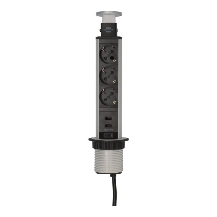Tower Power USB-Charger stekkerdoos 3-voudig met 2 USB-laadstekkerdozen 2m H05VV-F 3G1,5, inschuifbaar in tafelblad