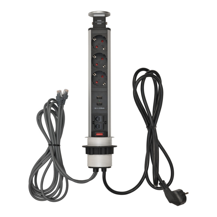 Tower Power USB-oplader en LAN-desktopstekkerdoos 3-voudig 2xLAN-RJ45, 2xUSB, 2m H05VV-F 3G1.5 zilver/zwart