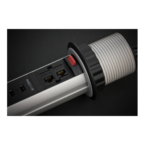 Tower Power USB-oplader en LAN-desktopstekkerdoos 3-voudig 2xLAN-RJ45, 2xUSB, 2m H05VV-F 3G1.5 zilver/zwart