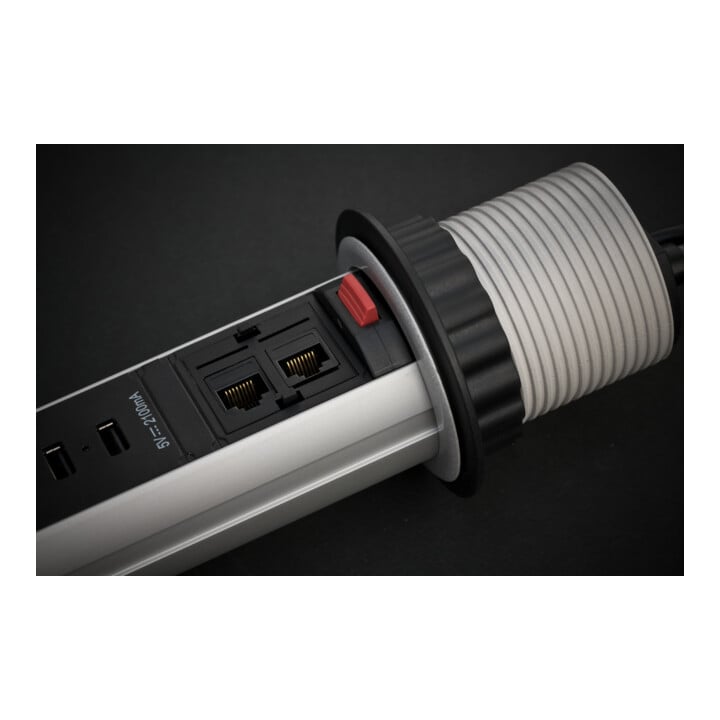 Tower Power USB-oplader en LAN-desktopstekkerdoos 3-voudig 2xLAN-RJ45, 2xUSB, 2m H05VV-F 3G1.5 zilver/zwart