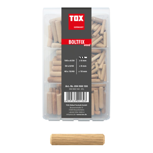 TOX Holzdübel Sortiment 190 tlg. Boltfix wood 100x 6x30 mm, 50x 8x40 mm, 40x 10x40 mm, Riffeldübel aus massiver Buche
