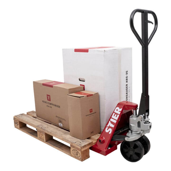 Transpalette STIER, capacit&eacute; de charge 2500 kg, longueur de fourche 1150 mm, pneus en nylon, avec Quicklift