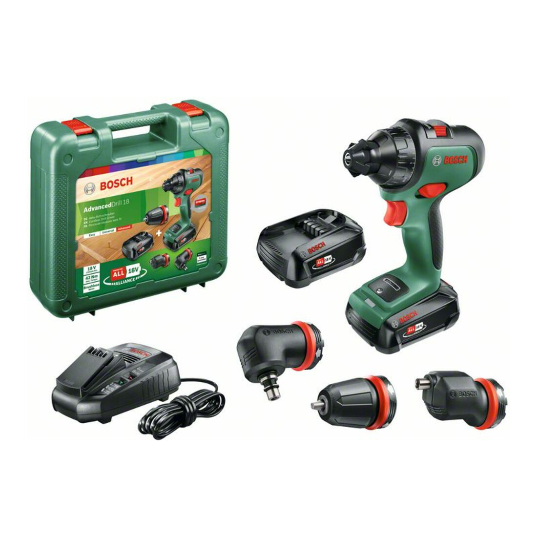 Bosch Trapano a batteria a 2 velocità AdvancedDrill 18, 2 batterie, attacco a ngolare ed eccentrico