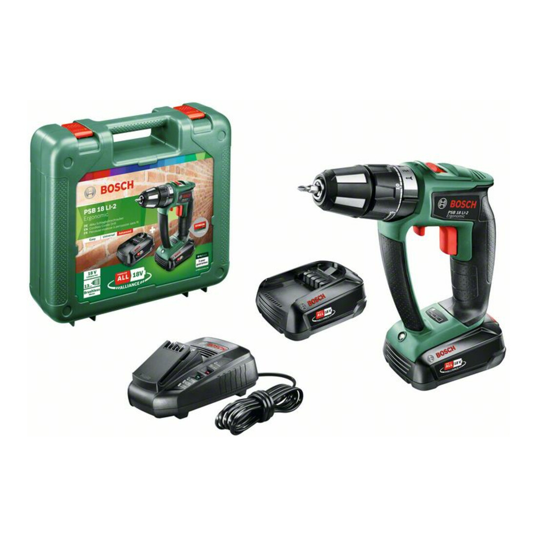 Bosch Trapano a percussione a 2 velocità PSB 18 LI-2 Ergonomic a batteria, 2xPBA 18V 2,5Ah