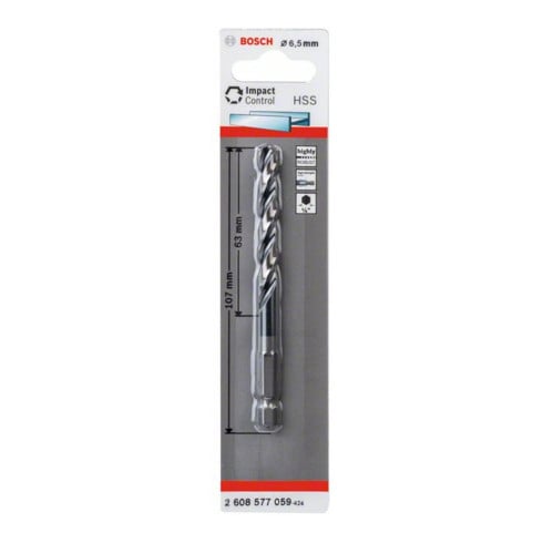 Bosch Punta trapano elicoidale HSS Impact Control con attacco esagonale, 6,5x63x107mm