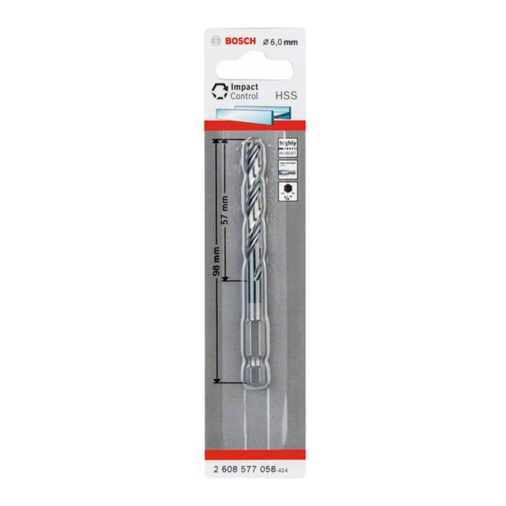 Bosch Punta trapano elicoidale HSS Impact Control con attacco esagonale, 6x57x98mm