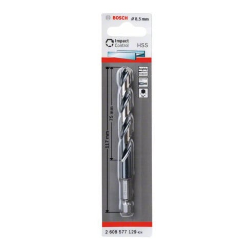 Bosch Punta trapano elicoidale HSS Impact Control con attacco esagonale, 8,5x75x117mm