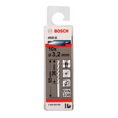 Bosch Punta trapano HSS-G DIN 338 per metallo, 3,2x36x65mm