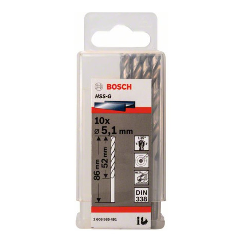 Bosch Punta trapano HSS-G DIN 338 per metallo, 5,1x52x86mm