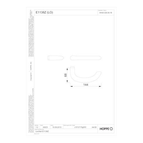 Türdrückerlochteil Mar.E1138Z VA ma 4-KT.8mm DIN L/R HOPPE