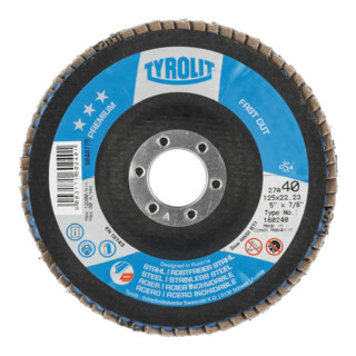 TYROLIT Disque à lamelles (spécial inox), plateau en fibre de verre conique, ⌀ 125 mm, Grain : 80