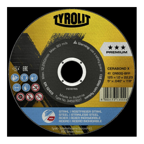 TYROLIT Disque de découpe CERABOND X 125 x 1,6 mm, droit Acier+INOX