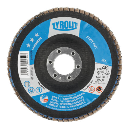 TYROLIT Fächerschleifscheibe (Spezial ZA) Glasgewebeteller konisch,Ø 125 mm, Körnung: 40