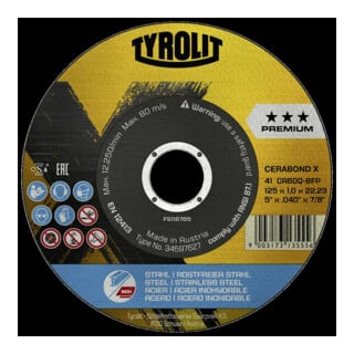 TYROLIT Trennscheibe CERABOND X 125 x 1,6 mm, gerade Stahl+INOX