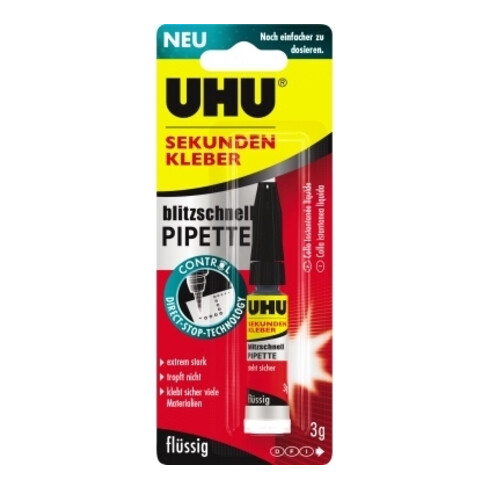 UHU Sekundenkleber 3g f.Gummi/Ku. f.Stahl/Eisen/Alu.