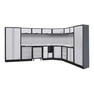 Unité murale Kraftwerk à 8 éléments avec paroi à trous carrés Longueur 3819 mm 2824 mm Plan de travail en inox