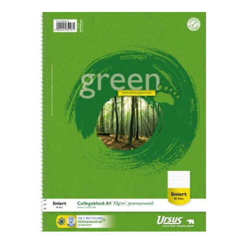 Ursus Collegeblock Green 608570010 DIN A4 70g liniert weiß 80Blatt