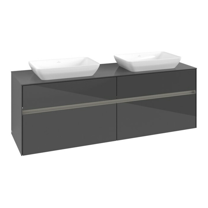 V&B Collaro Meuble sous lavabo 160x54,8x50cm, 2 tiroirs, LED 12W, gris brillant