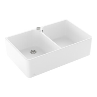 V&B Évier double 80 x m avec garniture, excentrique, blanc brillant C-plus