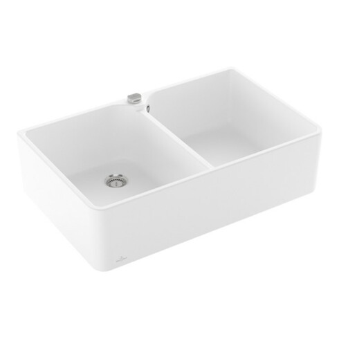 V&B Évier double 80 x m avec garniture, excentrique, blanc brillant C-plus