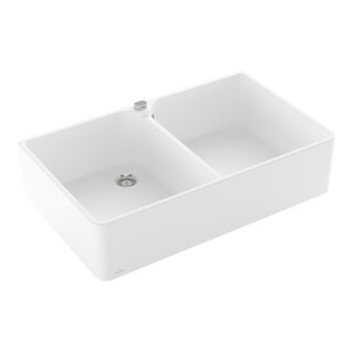 V&B Évier double 90 x avec égouttoir, mitigeur, excentrique, blanc brillant C-plus