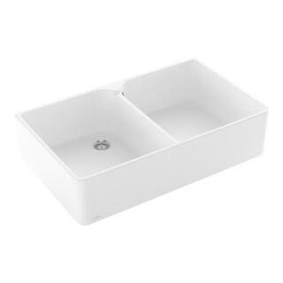 V&B Évier double bac 90 cm avec égouttoir, blanc brillant C-plus