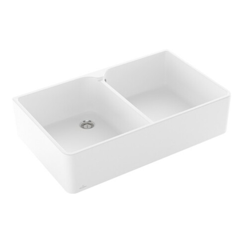 V&B Évier double bac 90 cm avec égouttoir, blanc brillant C-plus