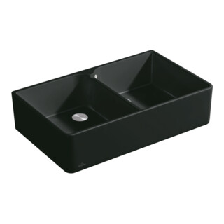 V&B Évier double bac 90 x avec garniture vidage et robinetterie, noir pur