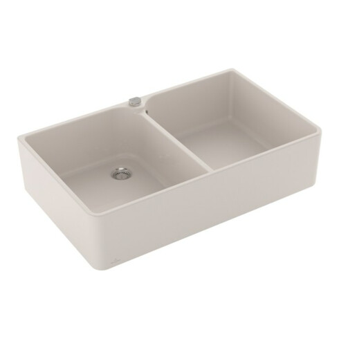 V&B Évier double bac 90 x P avec égouttoir, mitigeur, excentrique, crema C-plus