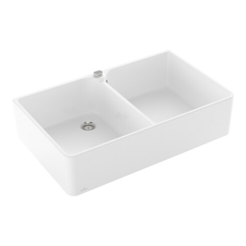 V&B Évier double bac 90 x pl. avec robinet, excentrique, blanc alp C-plus