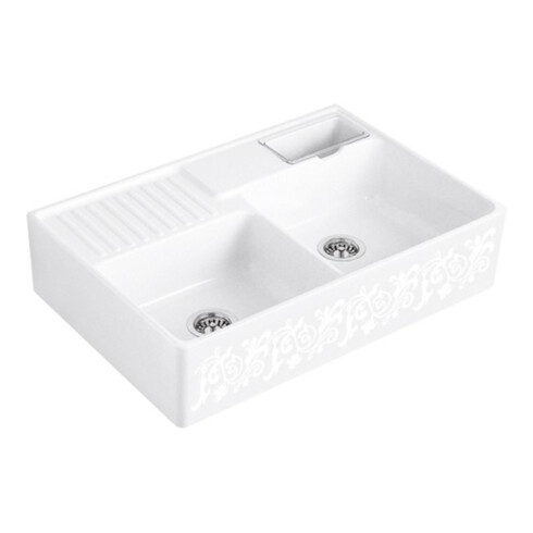 V&B Évier double bac avec égouttoir, Exc., blanc perle C-plus