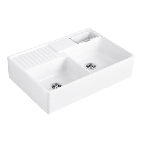 V&B Évier double bac avec égouttoir, Exc., sn blanc C-plus
