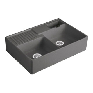 V&B Évier double bac avec égouttoir, excentrique, gris C-plus
