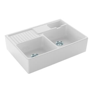 V&B Évier double bac avec égouttoir, mitigeur, blanc alpin C-plus