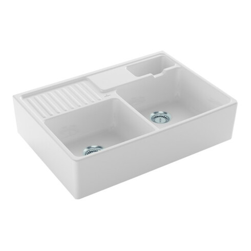V&B Évier double bac avec égouttoir, mitigeur, blanc alpin C-plus
